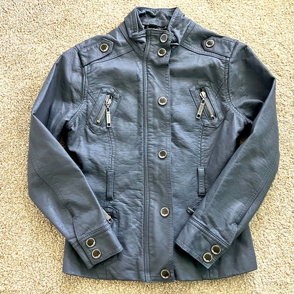 Jou Jou Dark Gray Faux Leather Motto Jacket Size 7/8 - Picture 1 of 11